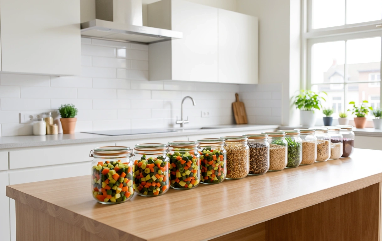 Organizovaná kuchyňa s čerstvo pripravenými surovinami